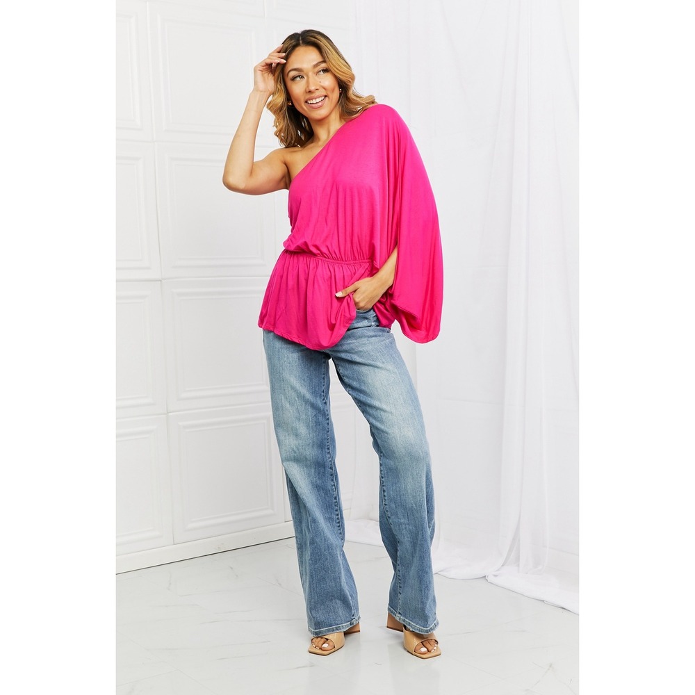 One Shoulder Top Women M Pink Excellent Draped Sleeve Elastic Waist